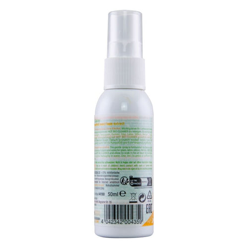 Verso du flacon spray Bio Cleaner 50 ml, etiquette avec notice et code-barres, nettoyant sextoys vegan a pulveriser puis essuyer.