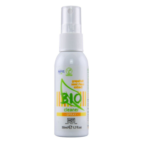 Flacon spray Bio Cleaner HOT 50 ml de face, design vert et blanc avec pompe, nettoyant sextoys biodegradable et vegan a l'extrait de pamplemousse.