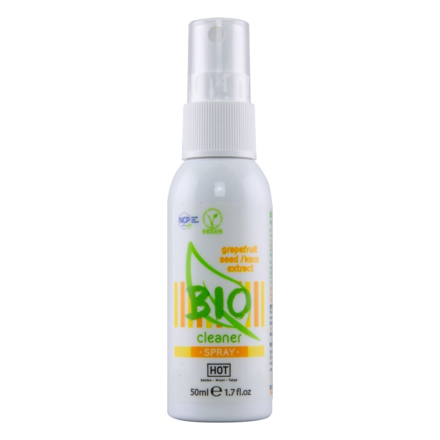 Flacon spray Bio Cleaner HOT 50 ml de face, pompe blanche et logo vert et orange, nettoyant sextoys vegan a l'extrait de pamplemousse.