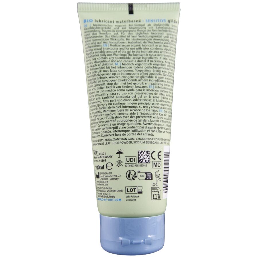 Dos du tube Bio lubrifiant base eau Sensitive, notice multilingue dense et pictogrammes, lubrifiant bio vegan en tube ecologique.