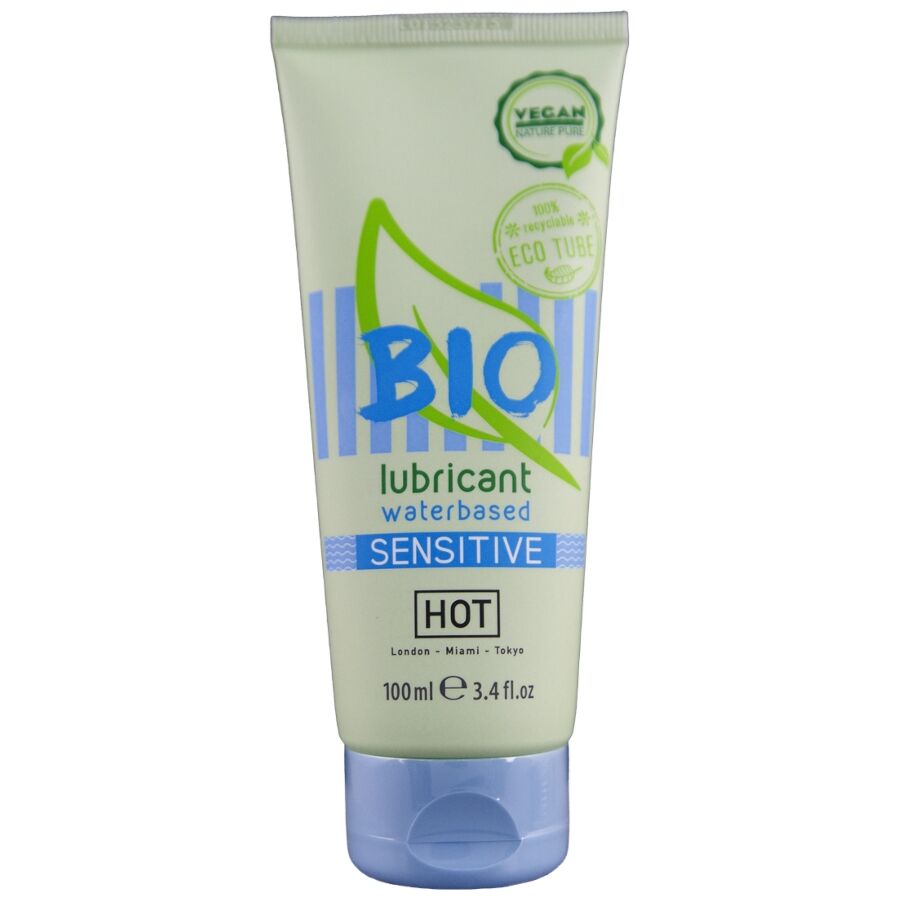 Tube Bio lubrifiant base eau Sensitive HOT 100 ml de face, logo vegan eco tube, lubrifiant bio enrichi en carraghenane et aloe vera.