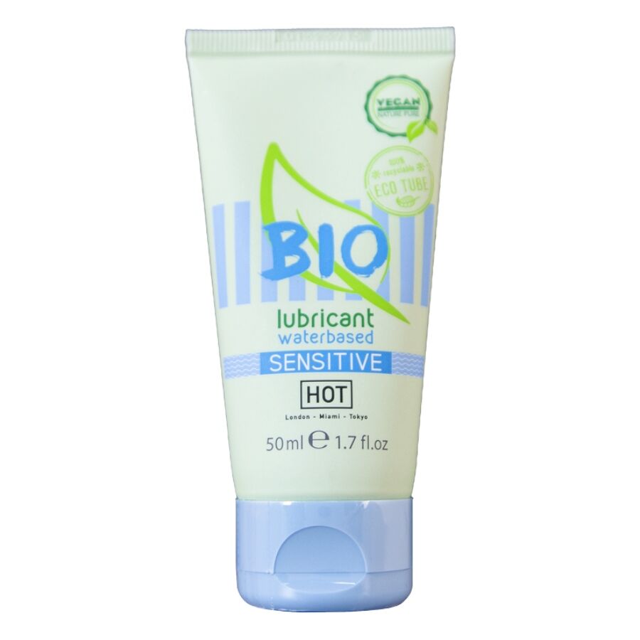 Tube Bio lubrifiant base eau Sensitive HOT 50 ml de face, design vert et bleu vegan, lubrifiant bio a l'aloe vera pour peaux sensibles.