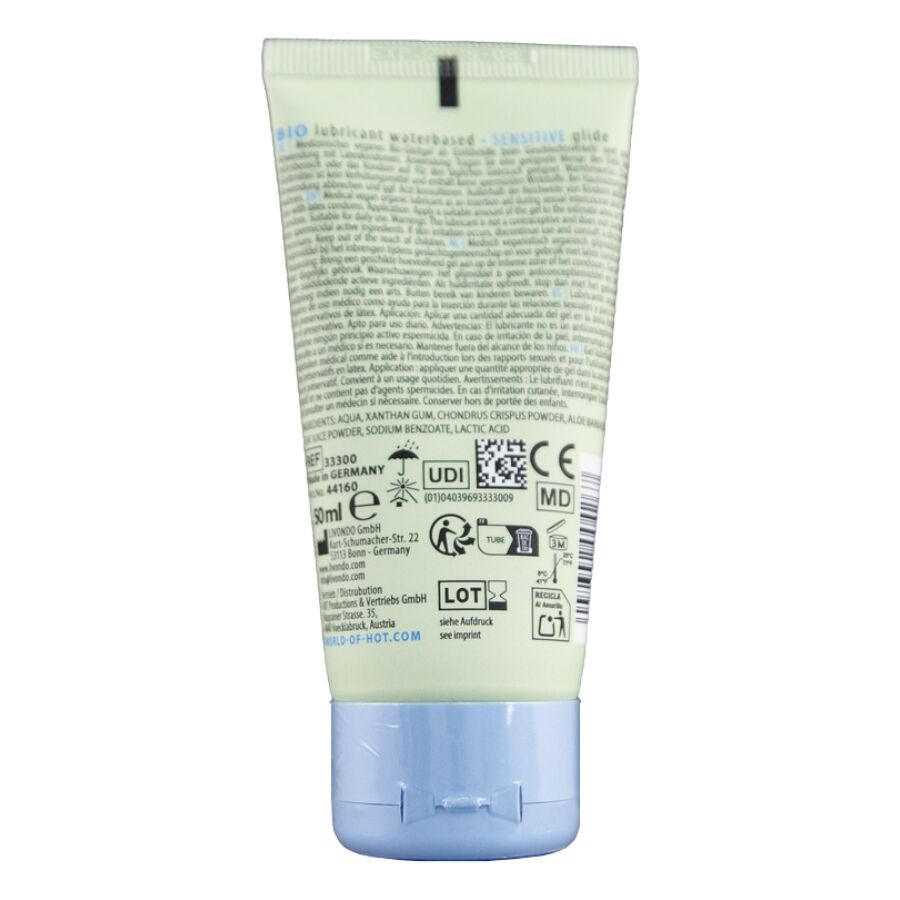 Verso du tube Bio lubrifiant base eau Sensitive, etiquette claire avec ingredients et pictogrammes, lubrifiant bio vegan a la glisse hydratante.