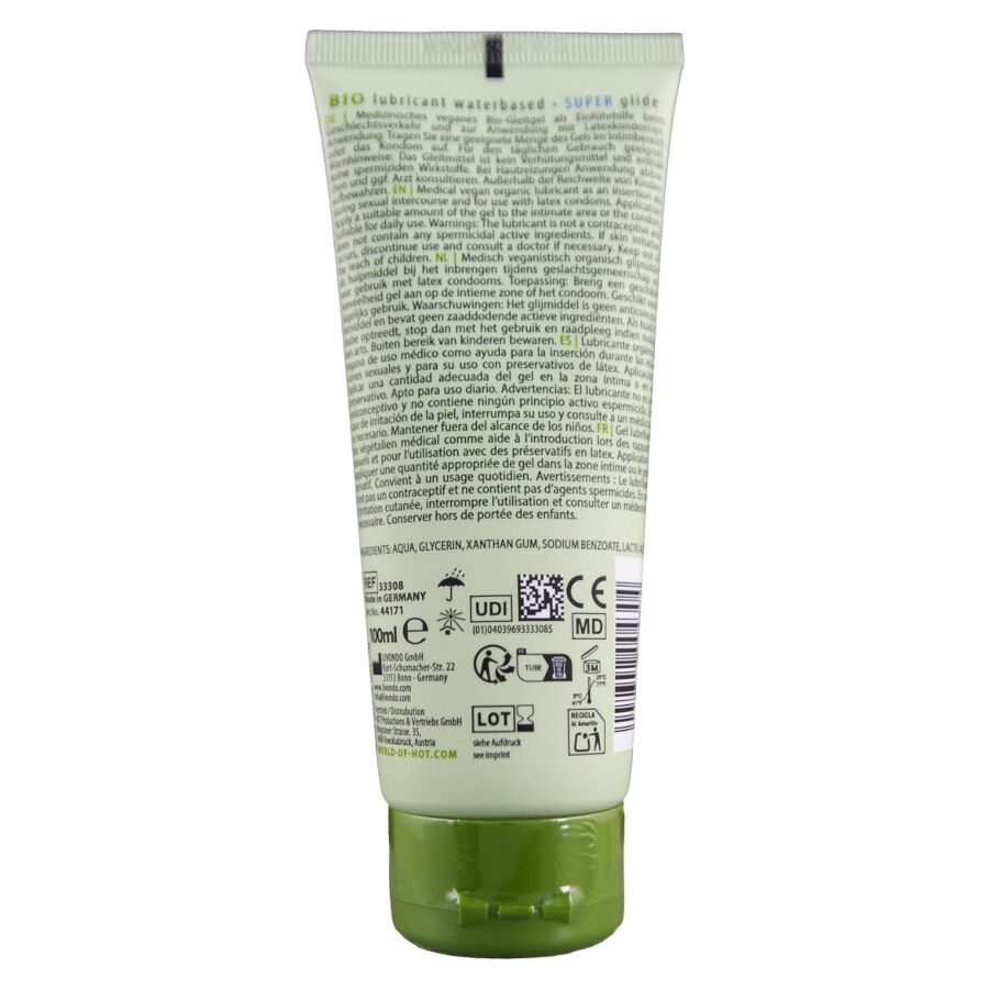 Dos du tube Bio lubrifiant base eau Super, notice multilingue et pictogrammes recyclage, lubrifiant bio vegan a la glisse hydratante.