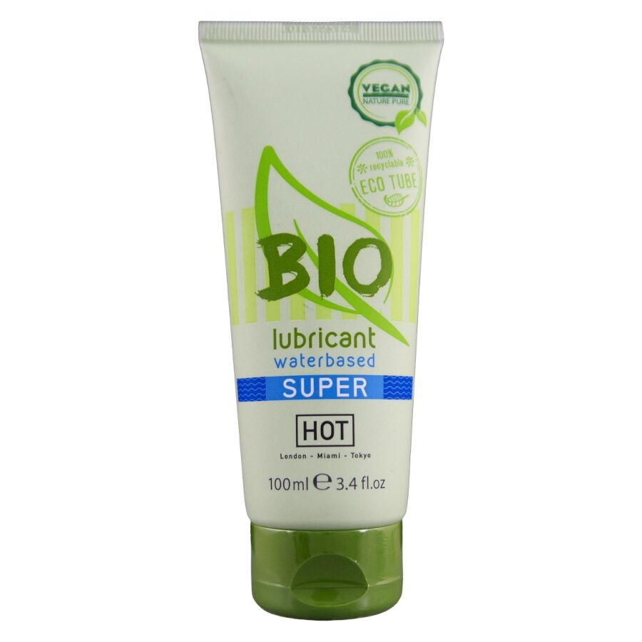 Tube Bio lubrifiant base eau Super HOT 100 ml de face, logo vegan eco tube, lubrifiant bio au carraghenane issu d'algues rouges.