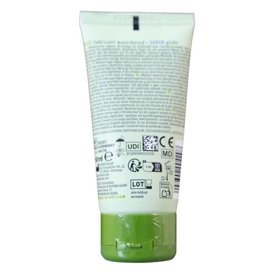 Verso du tube Bio lubrifiant base eau Super, etiquette claire avec ingredients et pictogrammes, lubrifiant bio vegan en tube ecologique.