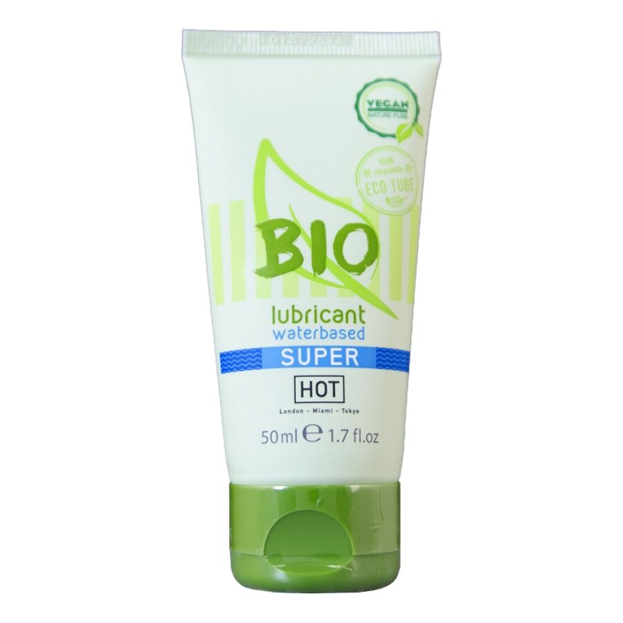 Tube Bio lubrifiant base eau Super HOT 50 ml de face, design vert et bleu vegan, lubrifiant bio au carraghenane a la glisse hydratante.