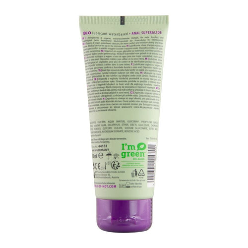 Verso de l'eco-tube Bio Anal Superglide Hot 100 ml avec notice et label I'm green, lubrifiant anal base eau bio sans ingredients irritants.