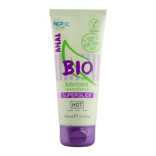 Lubrifiant anal Bio Superglide Hot en eco-tube de 100 ml, bouchon violet vegan, base eau biologique lubrification longue duree confort anal.