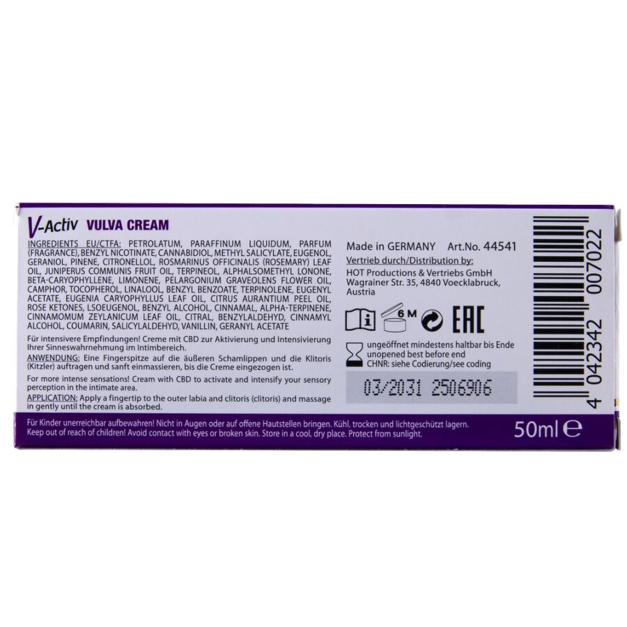 Dos de la boite creme V-Activ Vulva Cream HOT, ingredients et code-barres imprimes sur carton clair, format 50 ml, mentions legales, vue horizontale.