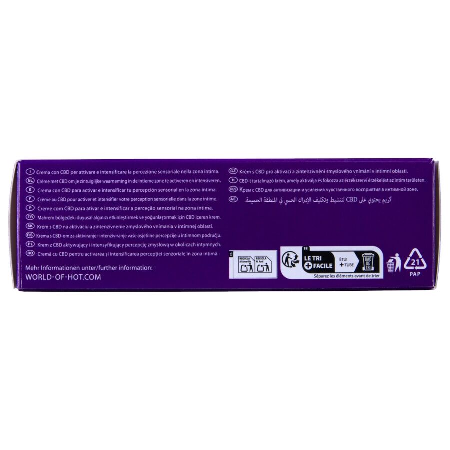 Tranche de la boite creme V-Activ Vulva Cream HOT, notice multilingue sur carton violet, format 50 ml, prise de vue verticale rapprochee sur fond blanc.