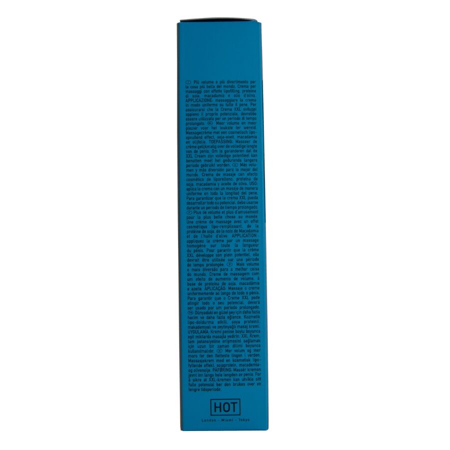 Tranche de la boite de creme volume XXL HOT homme, fond bleu vif avec mentions legales imprimees, format 50 ml, vue verticale rapprochee.