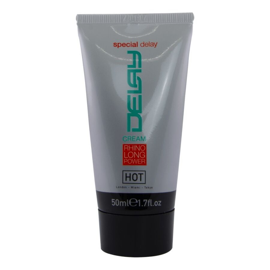 Tube gris de la creme retardante Delay Special Delay HOT pour homme, format 50 ml, lettrage vert et rouge Rhino Long Power, vue de face sur fond blanc.