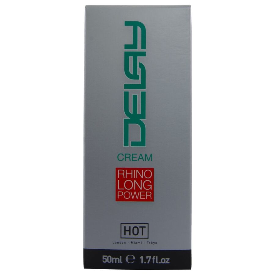 Boite grise de la creme retardante Delay Cream Rhino Long Power HOT, format 50 ml, lettrage vert et rouge, design sobre, vue de face verticale.