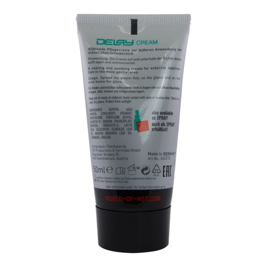 Dos du tube de creme Delay HOT, ingredients et mode d'emploi imprimes en gris, format 50 ml, embout noir, prise de vue verticale rapprochee.