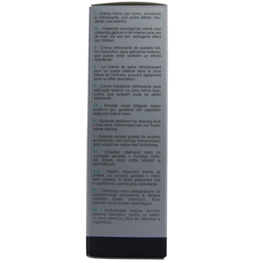 Dos de la boite creme Delay HOT, notice d'utilisation multilingue imprimee sur carton gris, format 50 ml, mentions legales, vue de face verticale.