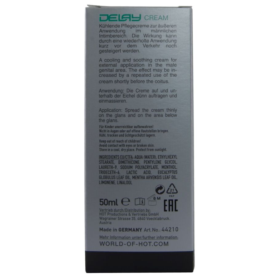 Cote de la boite creme Delay HOT, ingredients et instructions en anglais sur carton gris, format 50 ml, prise de vue verticale sur fond blanc.