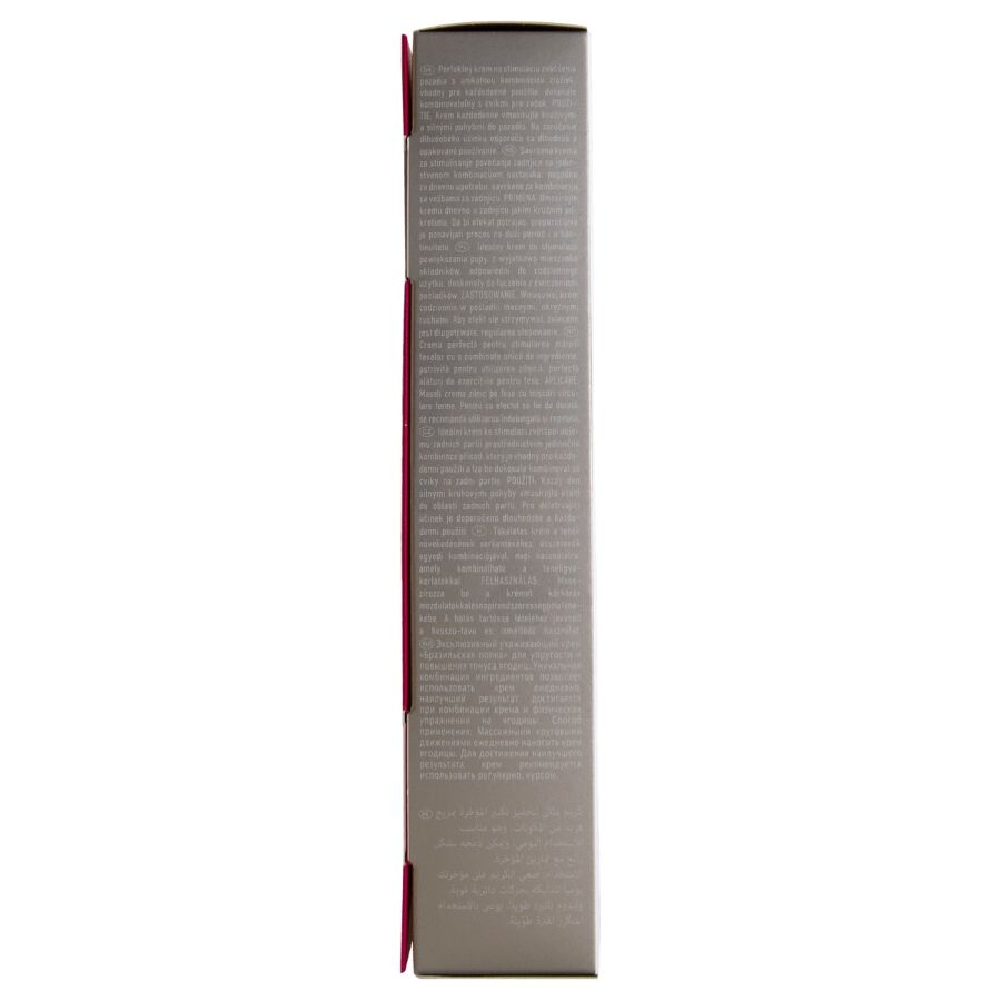 Tranche de la boite de creme Perfect Butt Booster HOT, bande beige et rouge avec texte legal, format 100 ml, prise de vue verticale sur fond blanc.