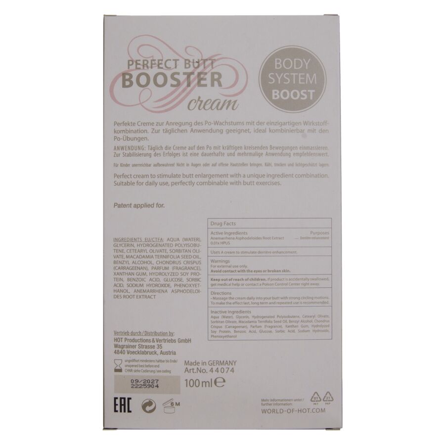 Dos de la boite Perfect Butt Booster cream HOT, drug facts et ingredients sur carton beige, format 100 ml, notice multilingue, vue de face verticale.