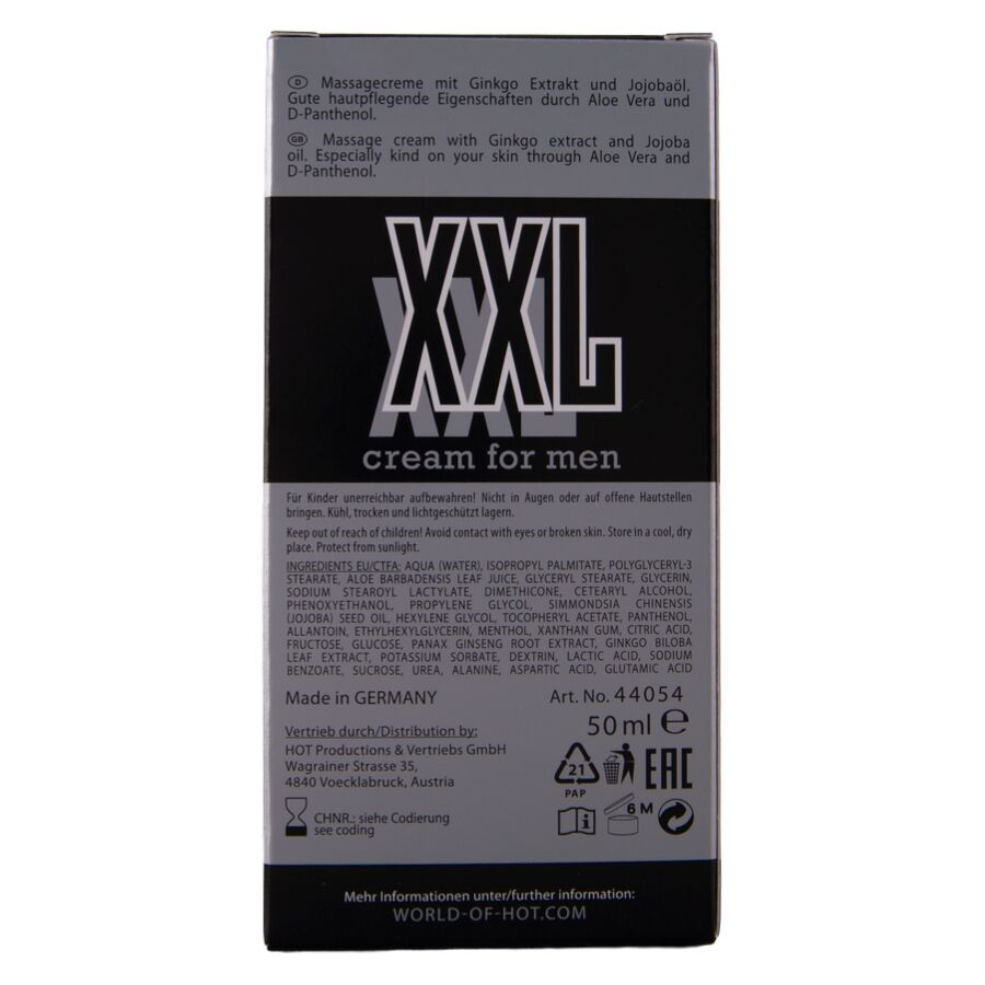 Verso de l'etui XXL cream for men Hot 50 ml avec ingredients et code-barres, creme de soin intime masculine a l'aloe vera et D-panthenol.