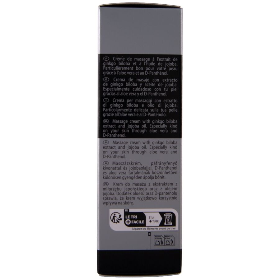 Flanc verso de l'etui XXL cream for men Hot avec notice et pictogrammes de tri, creme de soin intime masculine de 50 ml au ginkgo.
