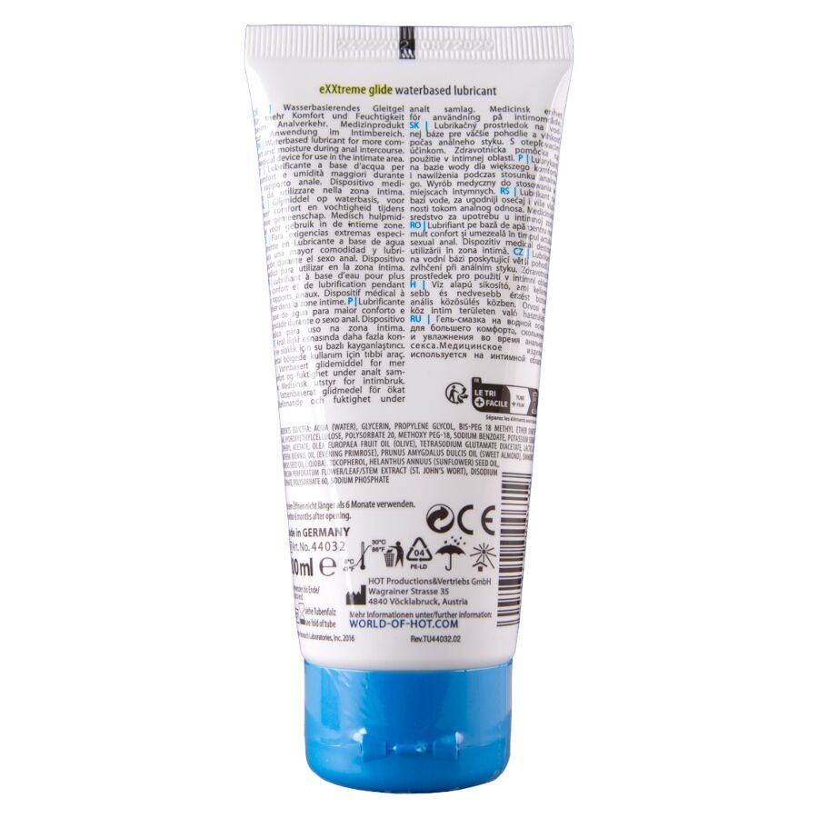 Dos du tube Exxtreme Glide lubrifiant anal base eau, notice multilingue dense et logo HOT, lubrifiant a la glisse douce orientee confort.