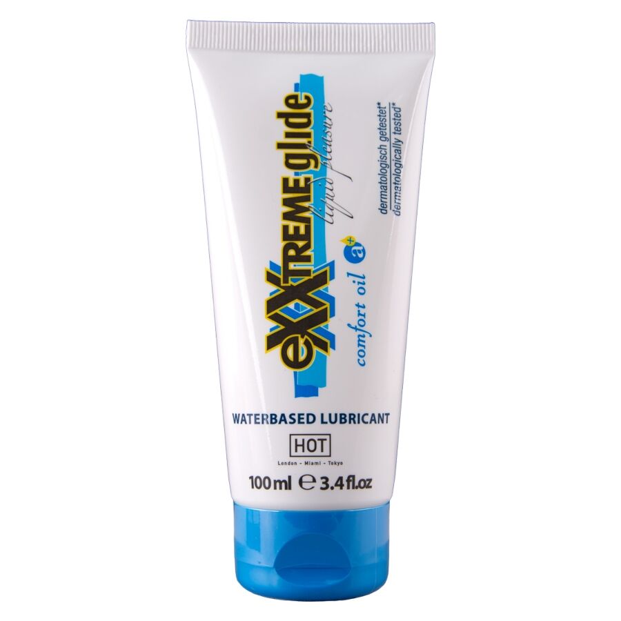 Tube Exxtreme Glide Comfort Oil lubrifiant anal base eau 100 ml HOT, design blanc et bleu, lubrifiant aux huiles de confort longue duree.