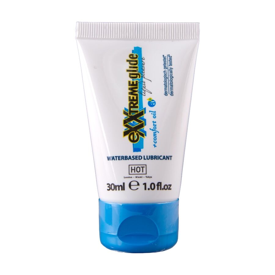 Tube blanc Exxtreme Glide Comfort Oil lubrifiant anal base eau HOT 30 ml, bouchon bleu, lubrifiant aux huiles de confort pour la detente.