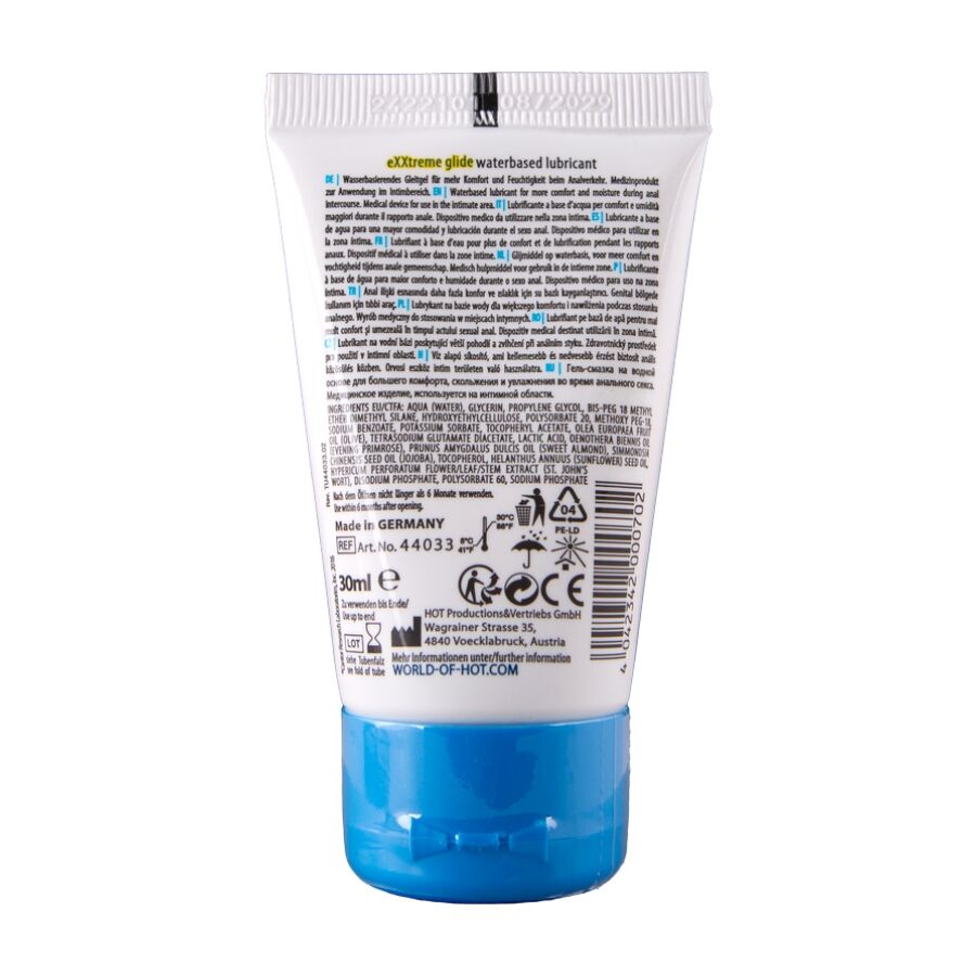 Verso du tube Exxtreme Glide lubrifiant anal base eau 30 ml, etiquette grise avec ingredients et pictogrammes, lubrifiant aux huiles de confort.