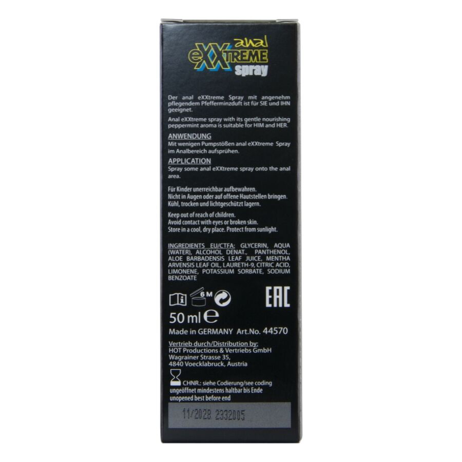 Dos de l'etui Exxtreme Anal Spray HOT 50 ml, application et ingredients detailles sur fond noir, packaging du spray retardant confort anal.