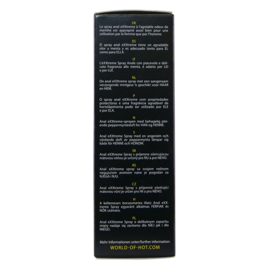 Panneau lateral de la boite Exxtreme Anal Spray 50 ml, notice multilingue sur fond noir, emballage du spray confort pour rapports anaux HOT.