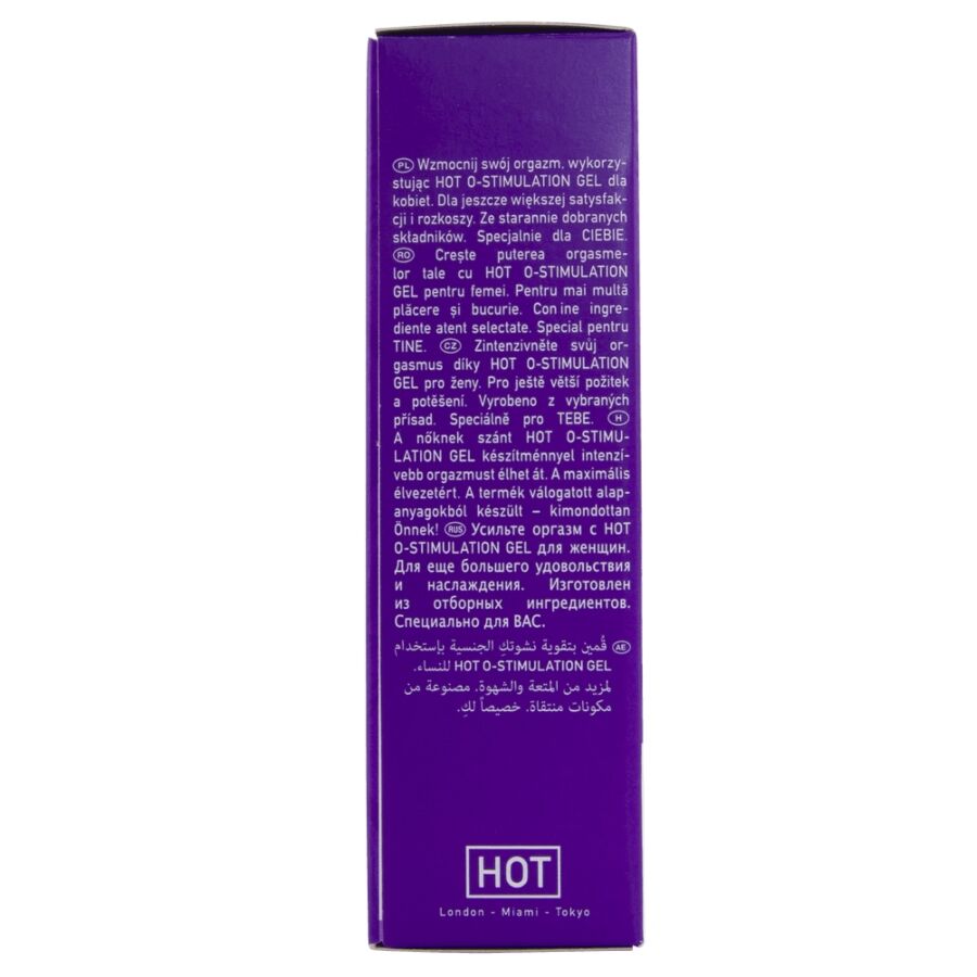 Tranche de la boite gel O-Stimulation HOT, mentions legales et logo HOT sur carton violet, format 15 ml, prise de vue verticale sur fond blanc.