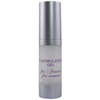 Flacon pompe argente du gel stimulant O-Stimulation Gel for Women HOT, format 15 ml, lettrage gris, effet chaleur, vue de face sur fond blanc.