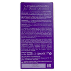 Dos de la boite gel O-Stimulation Gel HOT pour femme, ingredients et notice sur carton violet, format 15 ml, mentions legales, vue de face verticale.