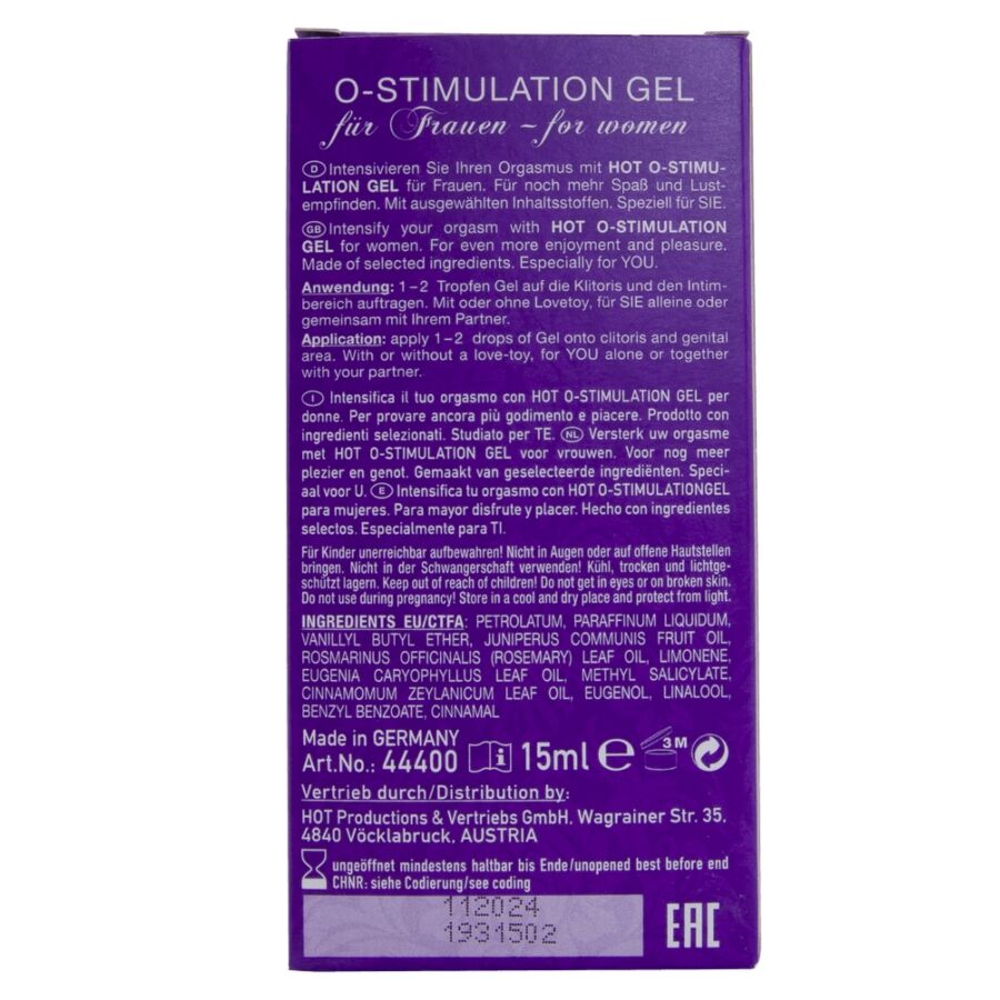 Dos de la boite gel O-Stimulation Gel HOT pour femme, ingredients et notice sur carton violet, format 15 ml, mentions legales, vue de face verticale.