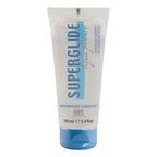 Tube blanc et bleu Superglide lubrifiant a base d'eau HOT 100 ml de face, bouchon bleu et mention waterbased lubricant, glisse longue duree.