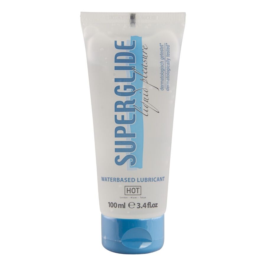 Tube Superglide lubrifiant base eau HOT 100 ml de face, design blanc et bleu et bouchon bleu, lubrifiant longue duree facile a rincer a l'eau.