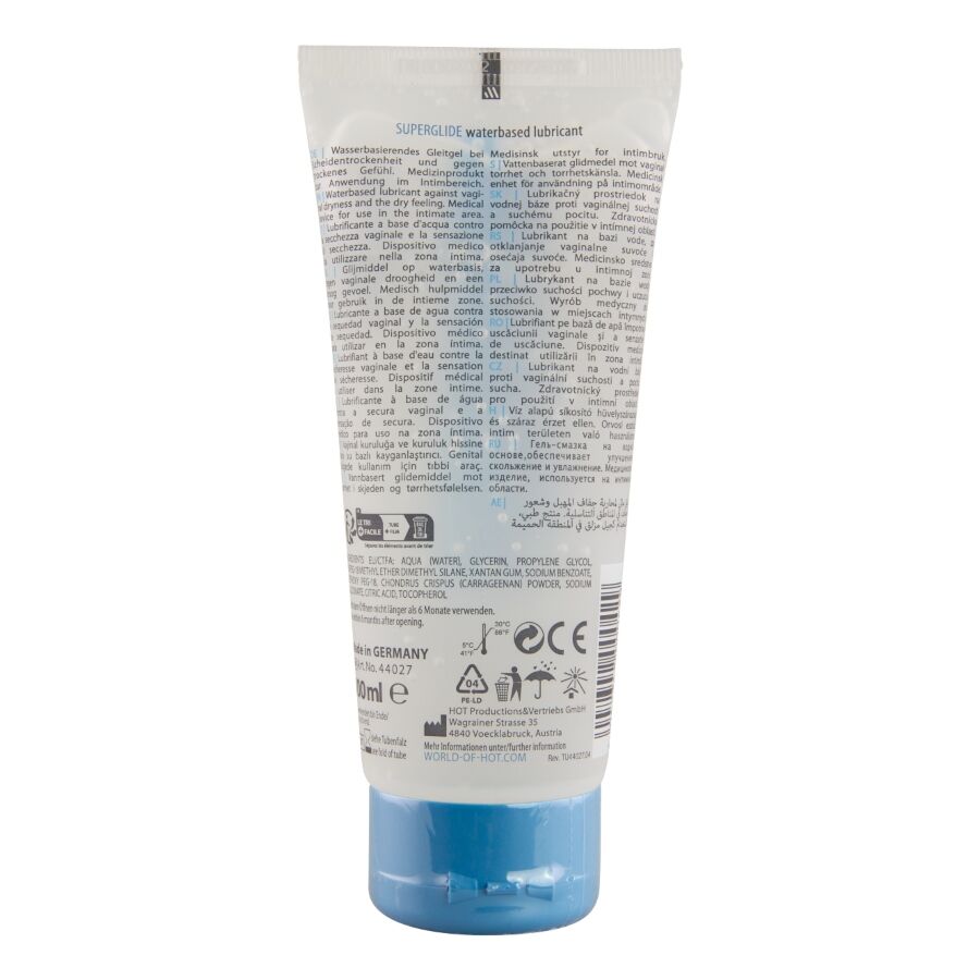Verso du tube Superglide lubrifiant base eau 30 ml, etiquette grise avec notice et ingredients, lubrifiant a la glisse douce facile a rincer.