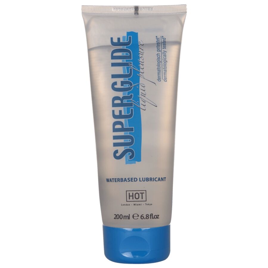 Grand tube Superglide lubrifiant base eau HOT 200 ml de face, bouchon bleu et logo bleu, lubrifiant longue duree compatible preservatifs et sextoys.
