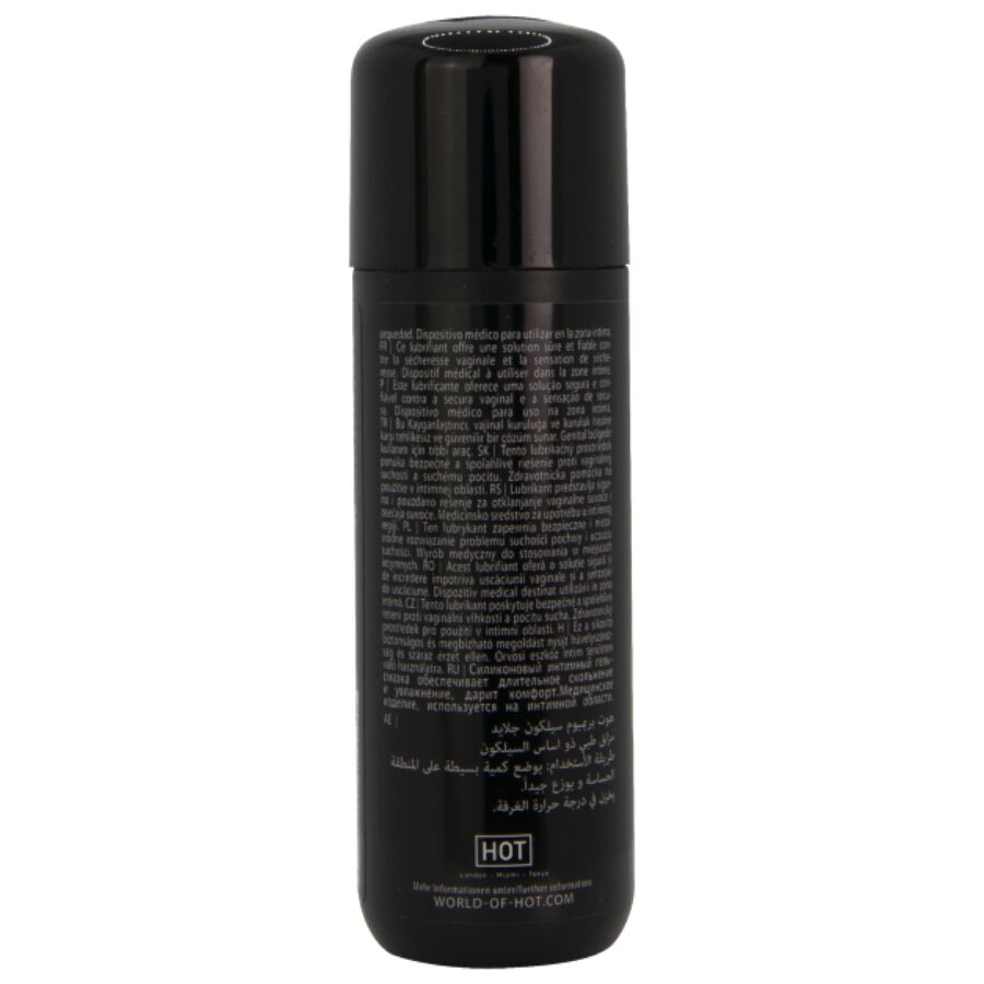 Verso du flacon noir Premium Glide lubrifiant silicone, etiquette sombre avec notice et ingredients, lubrifiant onctueux qui ne seche pas.