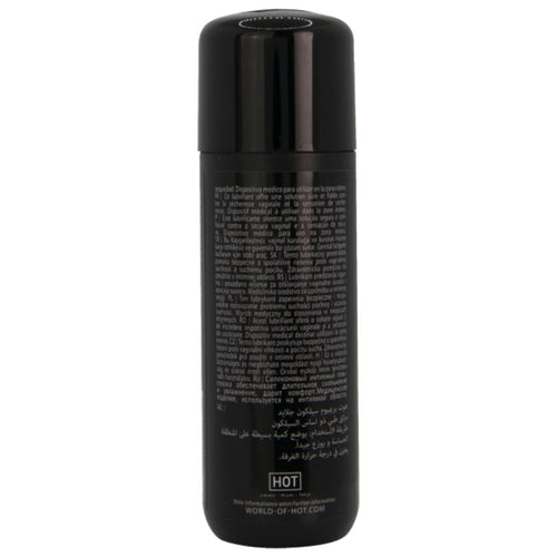 Verso du flacon noir Premium Glide lubrifiant silicone, etiquette sombre avec notice et ingredients, lubrifiant onctueux qui ne seche pas.