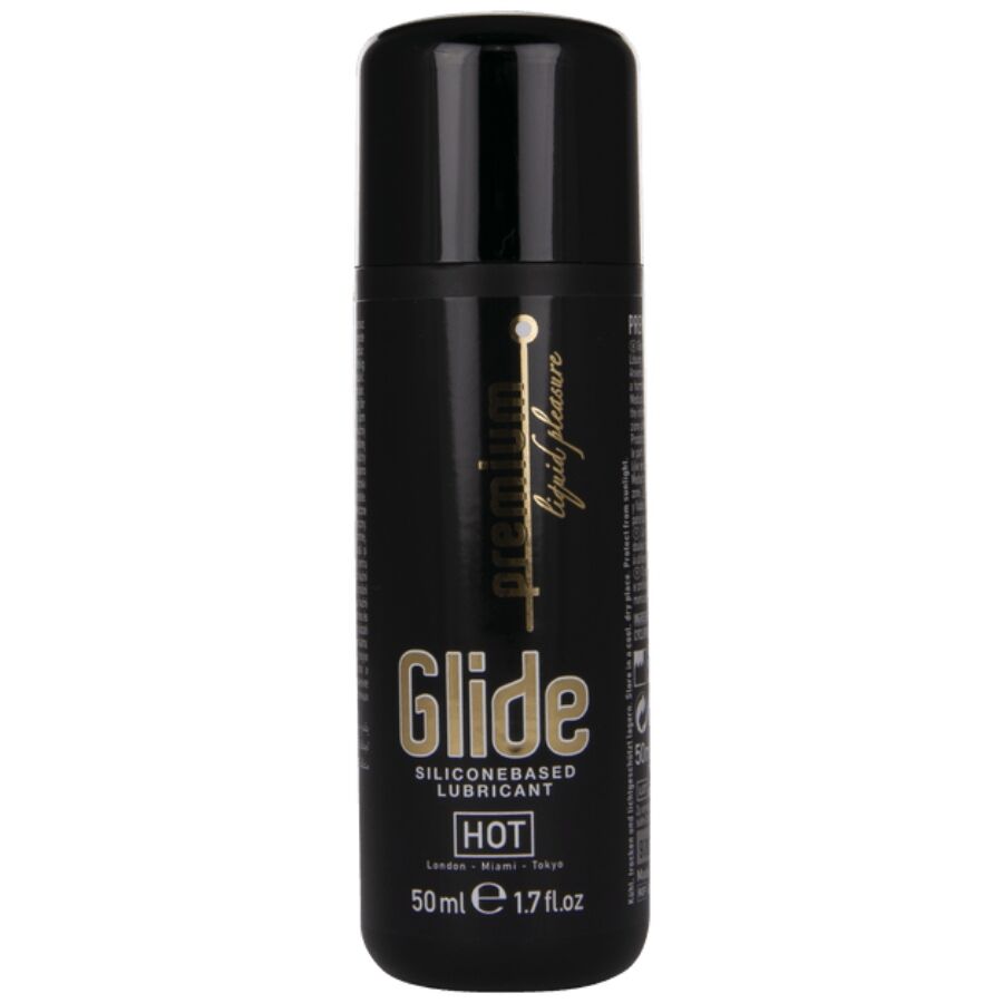 Flacon noir Premium Glide lubrifiant base silicone HOT 50 ml de face, lettrage dore Glide, lubrifiant onctueux a la glisse soyeuse longue duree.