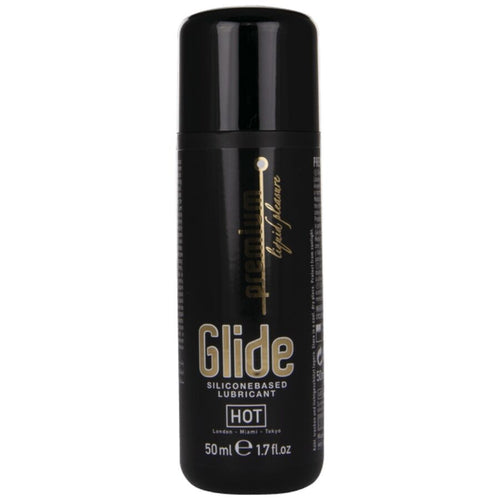 Flacon noir Premium Glide lubrifiant a base de silicone HOT 50 ml de face, lettrage dore et mention siliconebased lubricant, glisse longue duree.