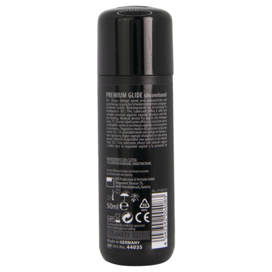 Dos du flacon Premium Glide lubrifiant silicone 50 ml, notice multilingue et pictogrammes CE, lubrifiant soyeux compatible preservatifs.