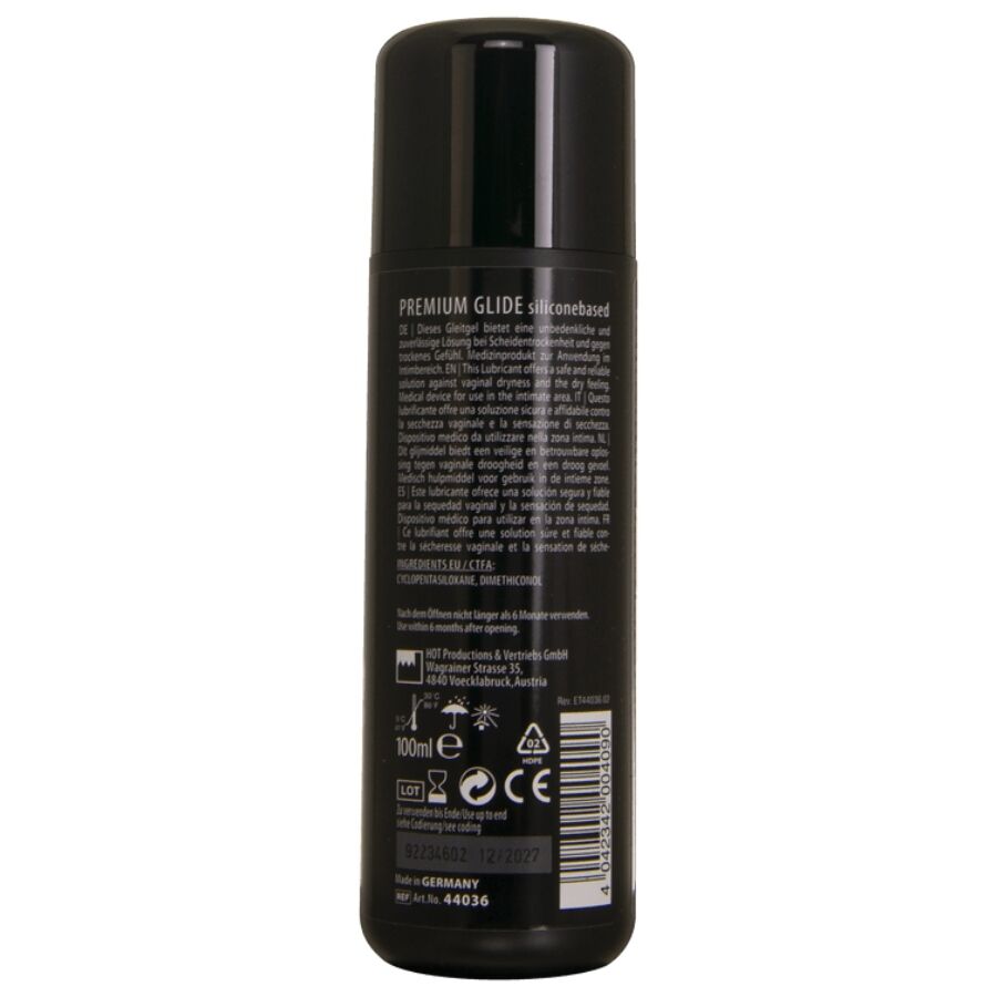 Verso du flacon Premium Glide lubrifiant silicone 100 ml, etiquette noire avec ingredients et code-barres, lubrifiant glisse longue duree HOT.