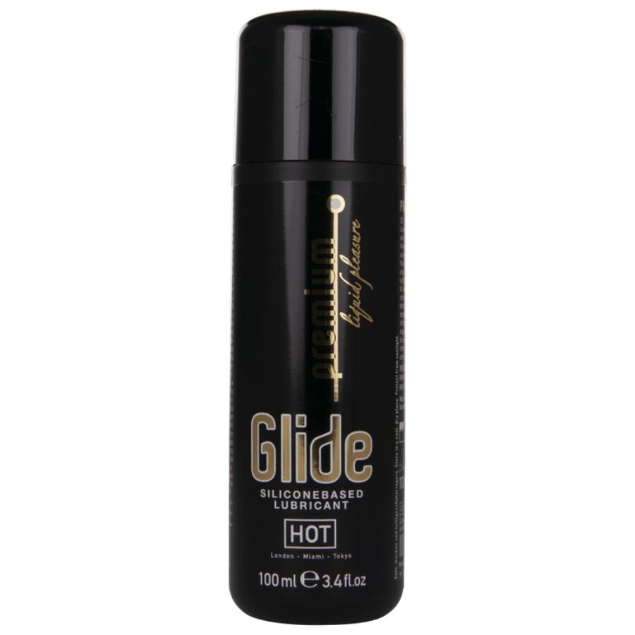 Flacon noir Premium Glide lubrifiant base silicone HOT 100 ml de face, lettrage dore Glide, lubrifiant a la texture onctueuse longue duree.