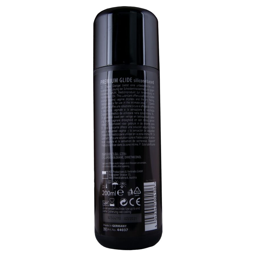Dos du flacon Premium Glide lubrifiant silicone 200 ml, notice multilingue et pictogrammes CE, lubrifiant soyeux compatible preservatifs.