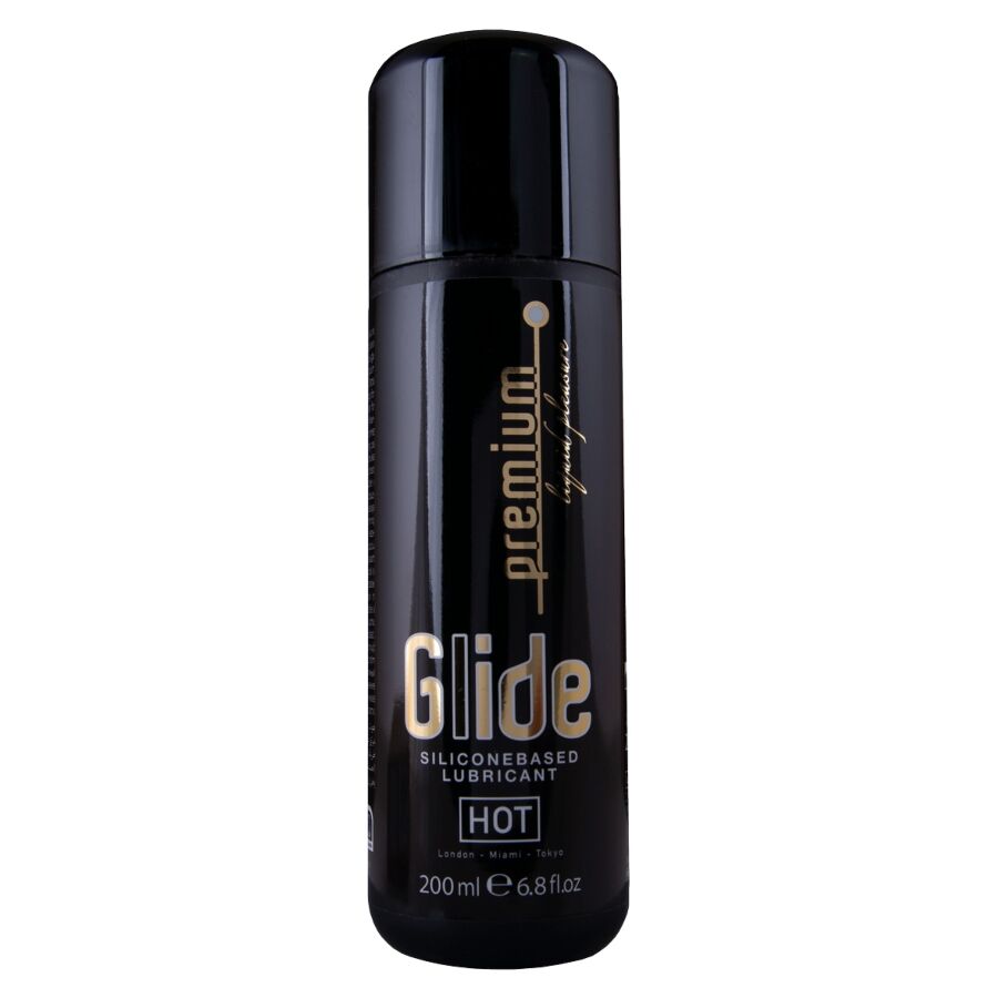 Flacon noir Premium Glide lubrifiant base silicone HOT 200 ml de face, lettrage dore Glide, lubrifiant grand format a la texture onctueuse.