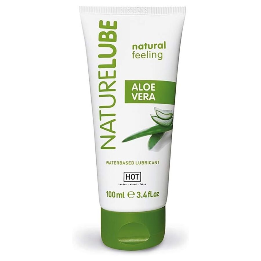Tube Naturelube Aloe Vera lubrifiant base eau HOT 100 ml de face, bouchon vert et feuille d'aloe, lubrifiant sensation naturelle facile a rincer.