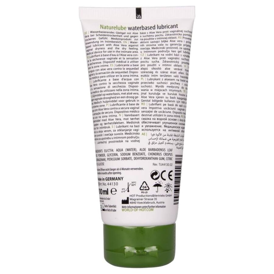 Dos du tube Naturelube Aloe Vera lubrifiant base eau, notice multilingue et pictogrammes, lubrifiant a l'aloe vera doux pour la zone intime.